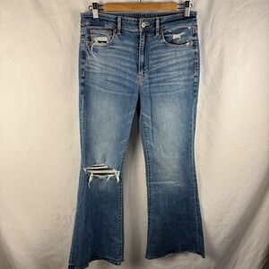 American Eagle Super High Rise Flare Distressed Medium Wash Size 6 Short Petite